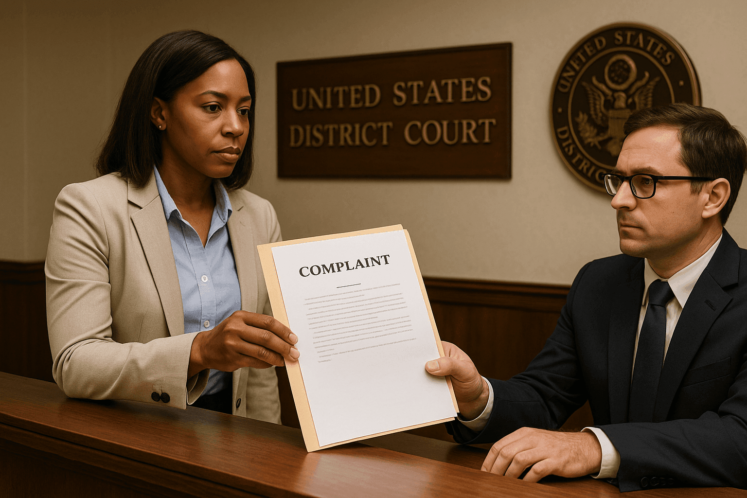 Person in a suit at United States District Court handing a legal complaint document to another individual.