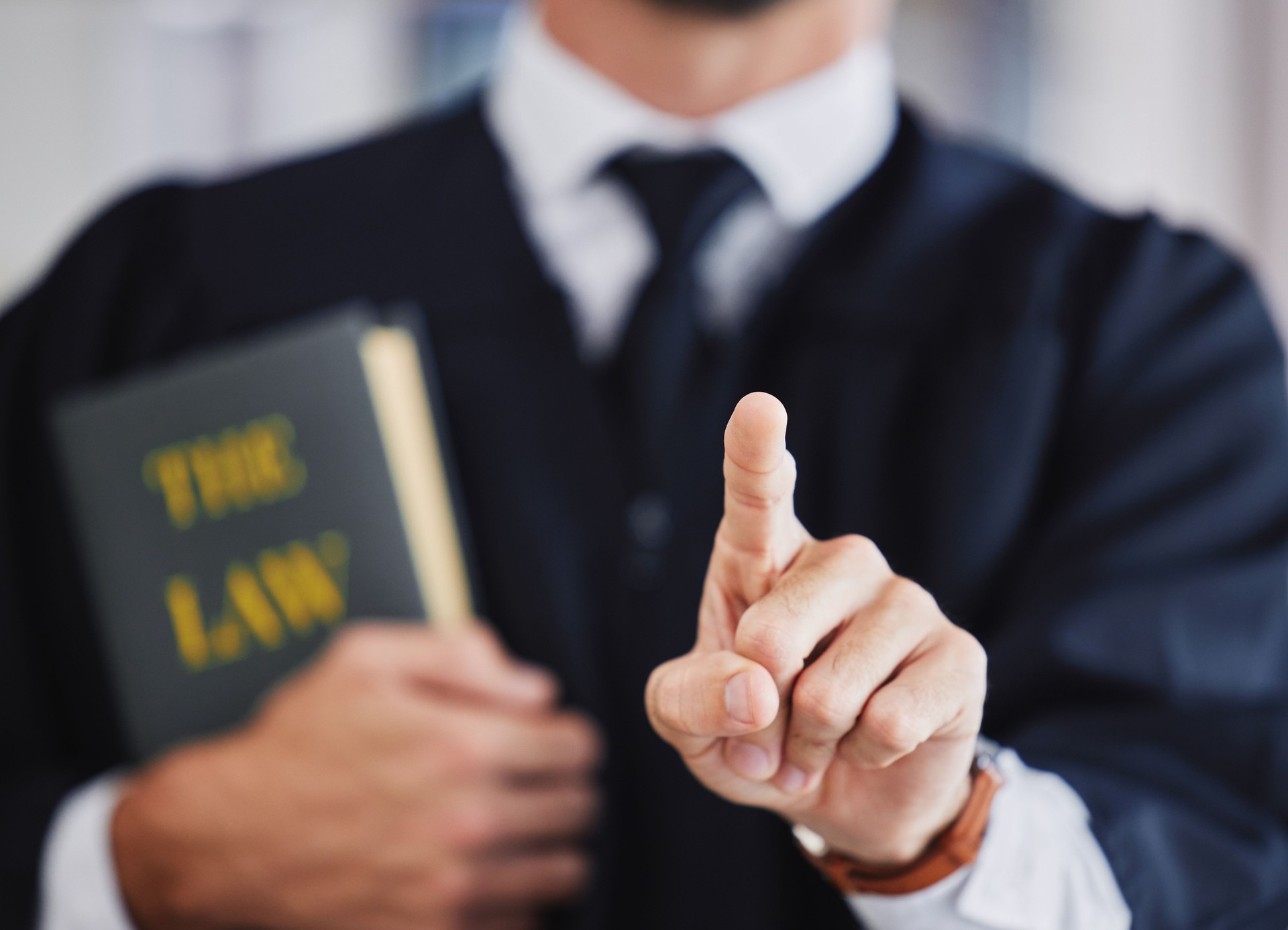 Lawyer, finger and press button for legal justice, ui and service on the internet. Attorney, pointing hand and judge touch technology for decision, choice and click selection on futuristic dashboard