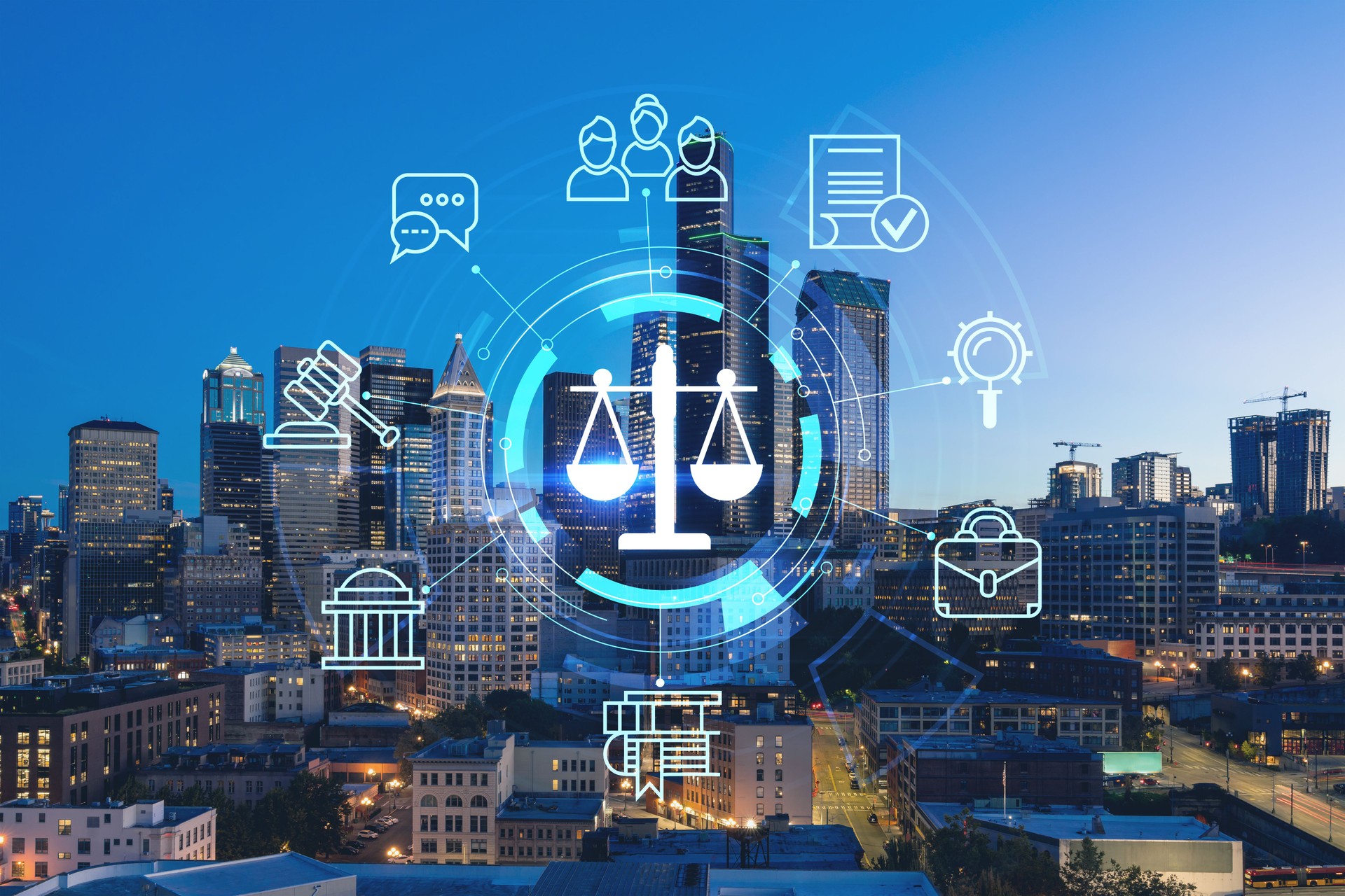 Illuminated aerial cityscape of Seattle, downtown at night time, Washington, USA. Glowing hologram legal icons. The concept of law, order, regulations and digital justice